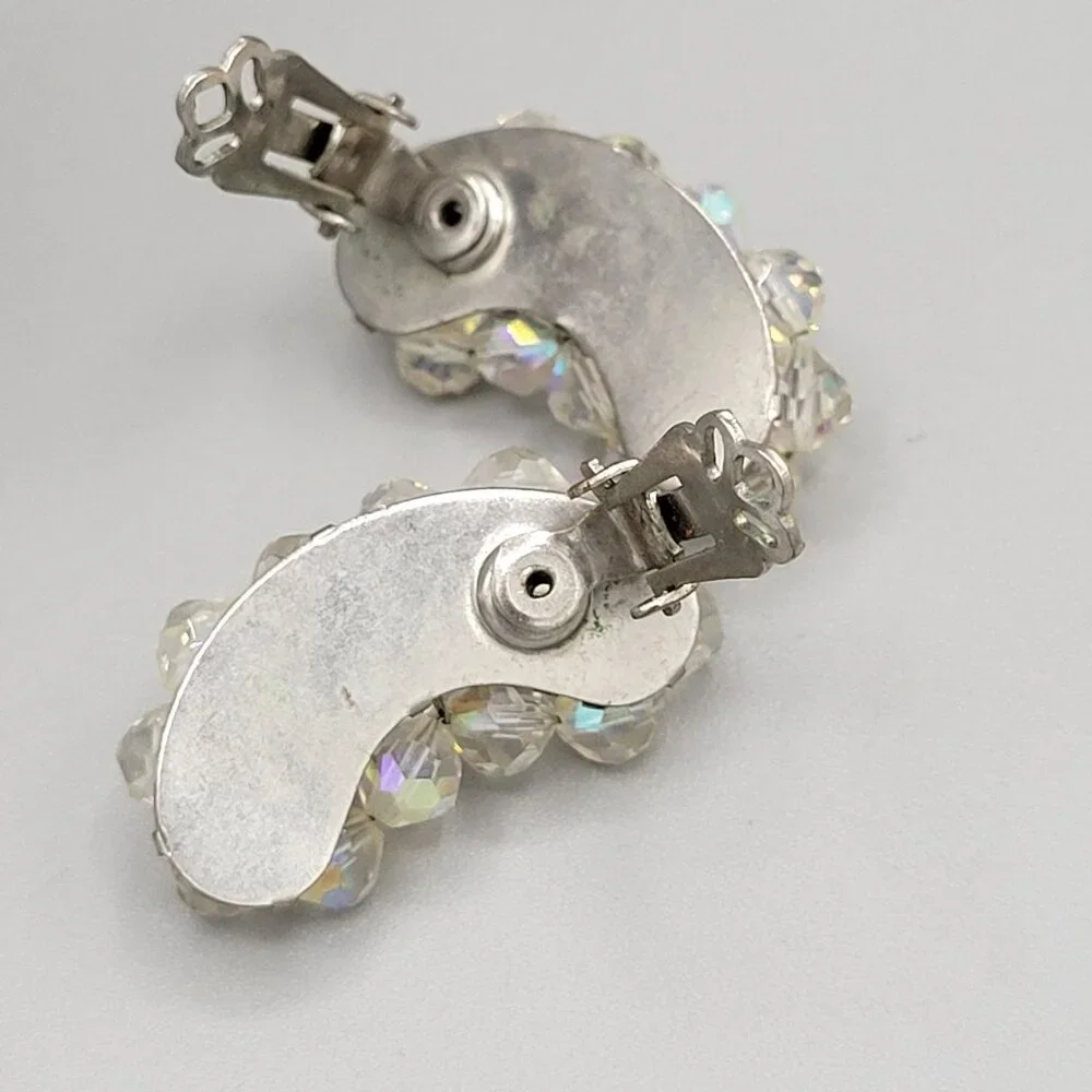 Vintage AB Aurora Borealis Crystal Curved Clip On Earrings 1940s - Picture 4 of 6